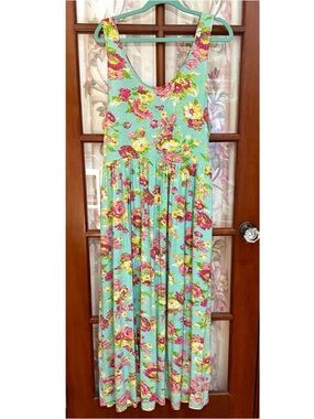 April Cornell Aqua Floral Maxi Dress with Pink and Yellow Roses - soft